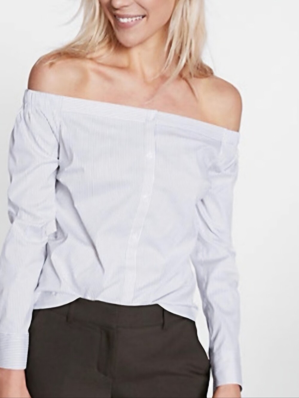 Express Off-Shoulder Button-Front Striped Blouse - White & Blue